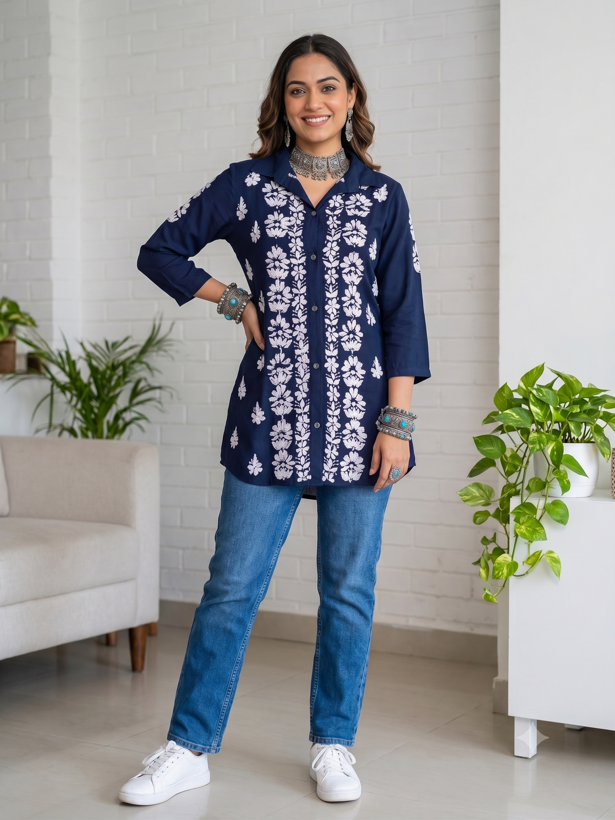 Navy Blue Chikankari Modal Madhuri Short Shirt – The Hijab Fairy (1 of 6)