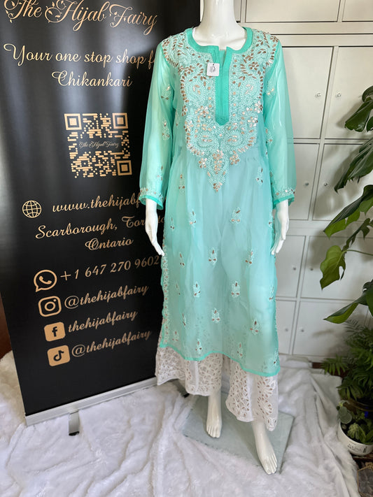 Georgette Gota Work Kurti - Firozi Green
