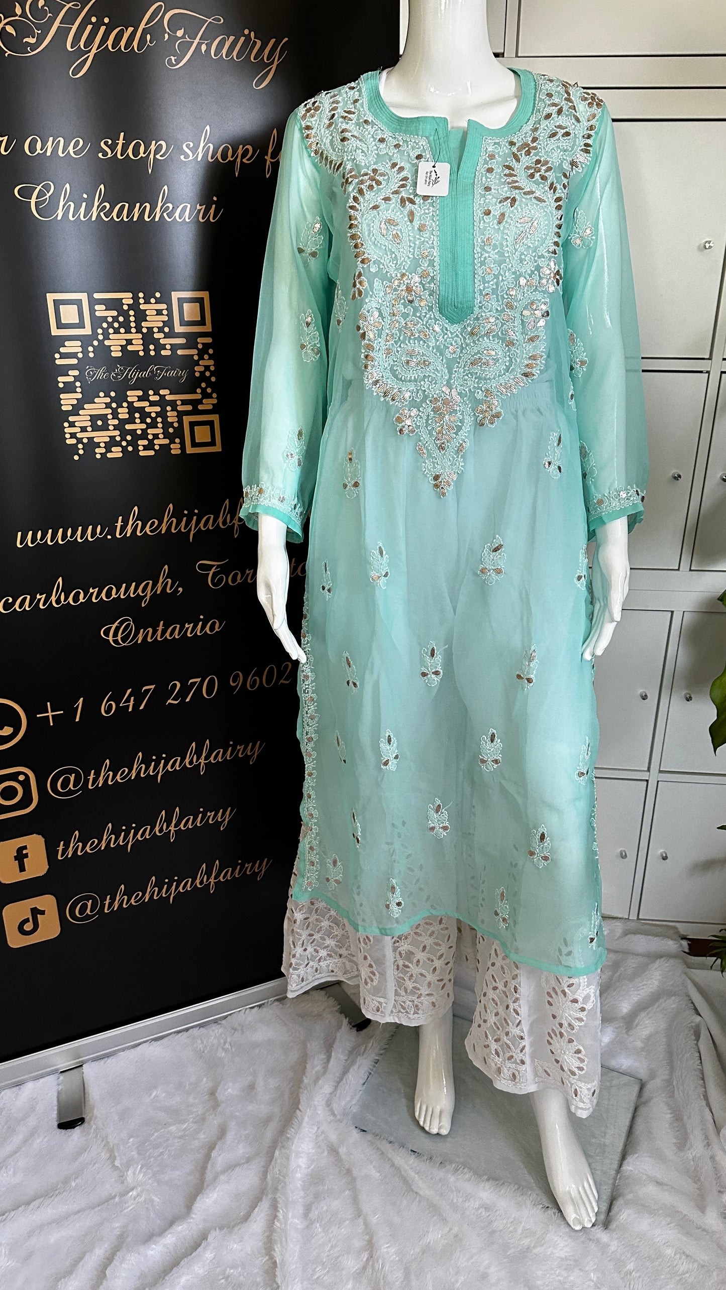 Georgette Gota Work Kurti - Firozi Green