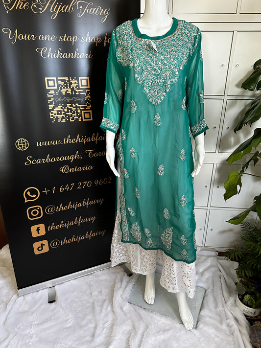 Georgette Gota Work Kurti - Turquoise Green