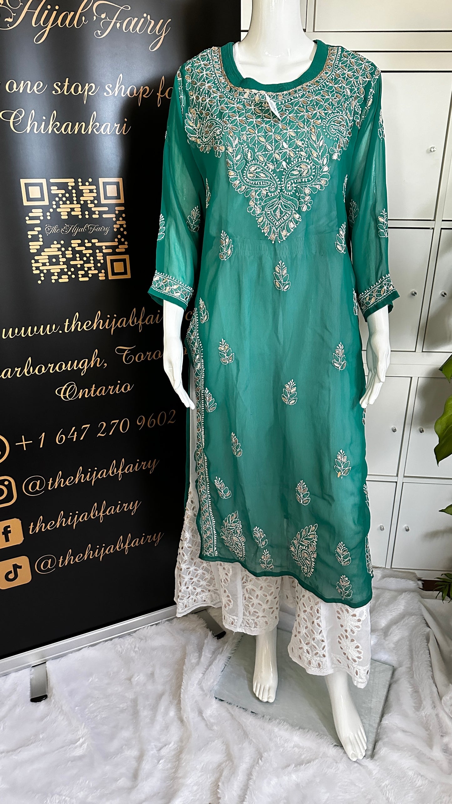Georgette Gota Work Kurti - Turquoise Green