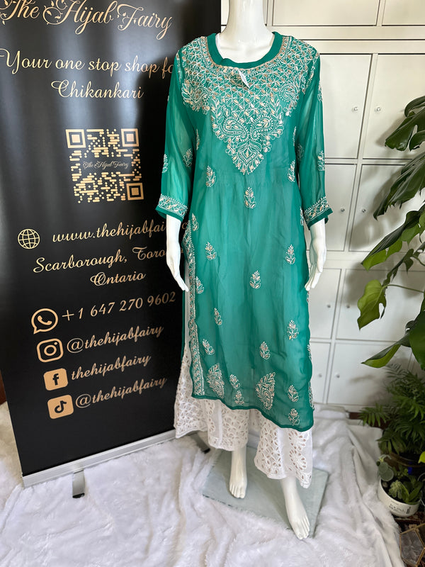 Georgette Gota Work Kurti - Turquoise Green