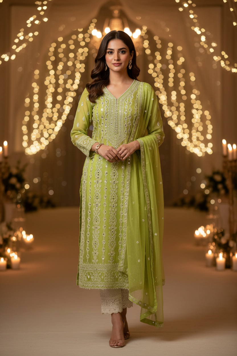 Vert - Miroir Georgette Jaal Work Anarkali