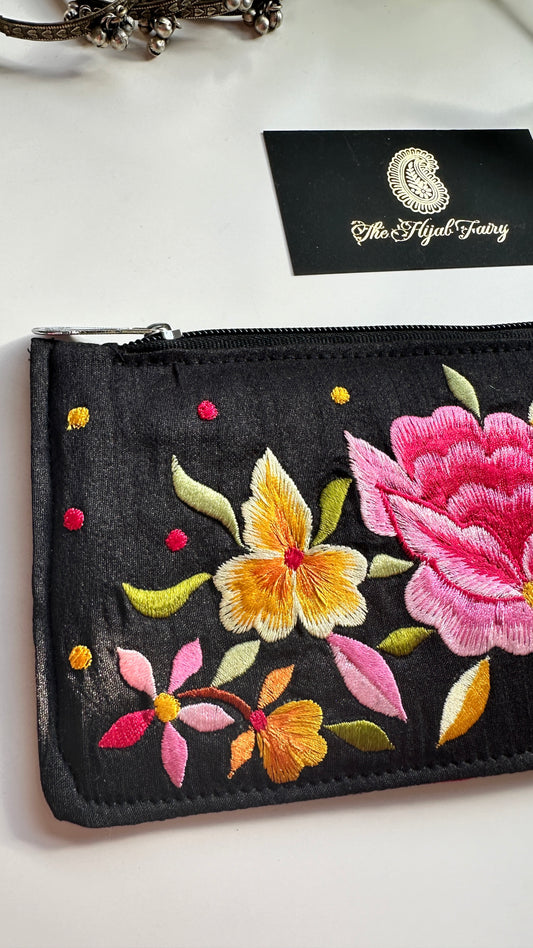 Parsi Gara Embroidered Wallet - Black & Pink