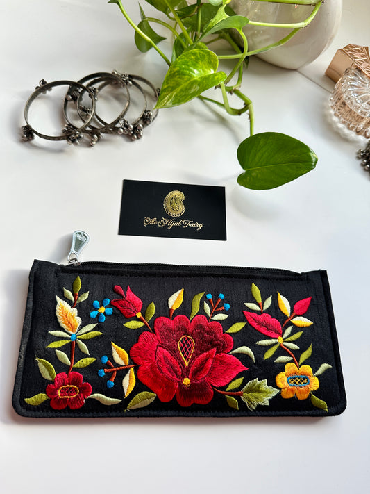 Parsi Gara Embroidered Wallet - Black & Red