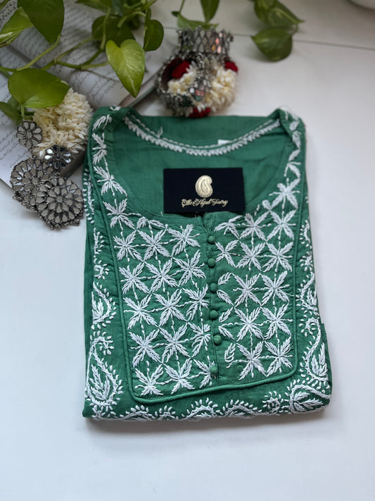 White on Jade Green - Cotton Kurta - The Hijab Fairy