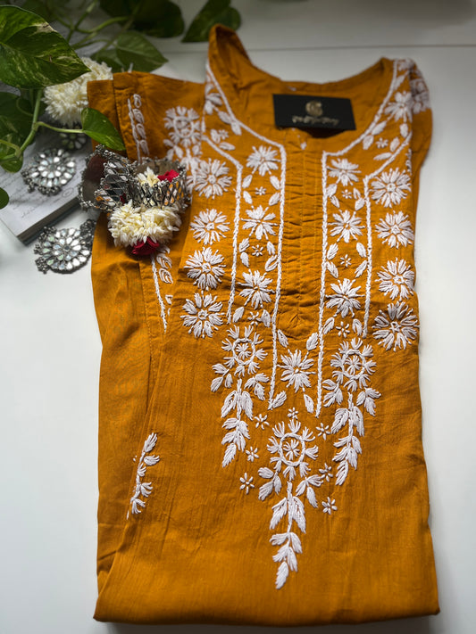 White on Mustard - Cotton Kurta