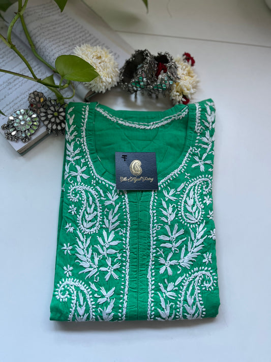 White on Aqua Green - Cotton Kurta