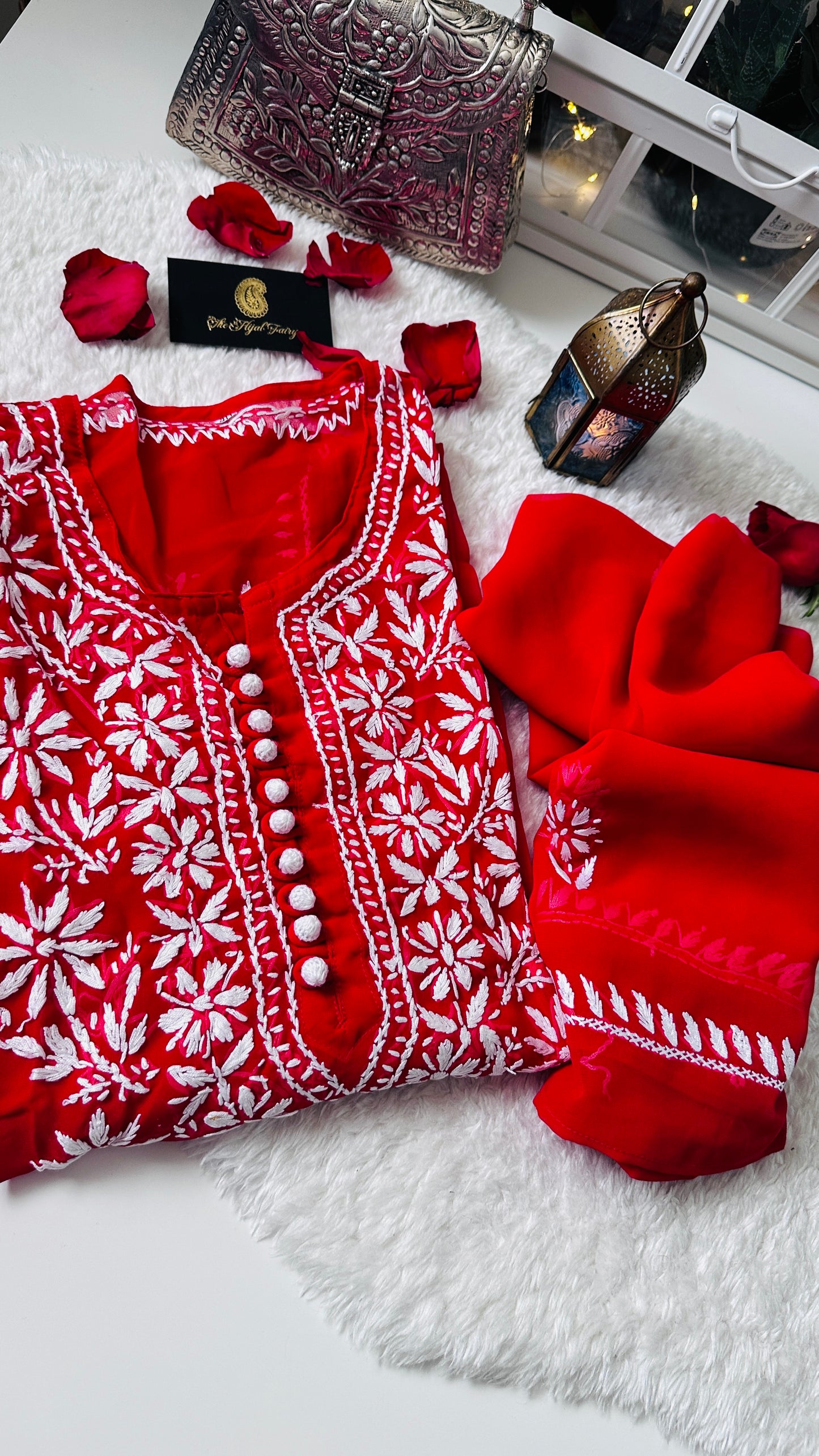 Red - Chikankari Georgette Kurta with Dupatta