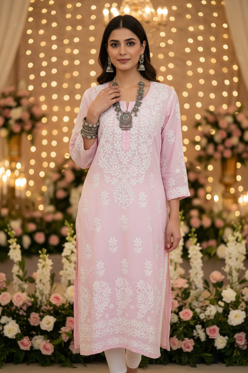 Pink floral dress on a mannequin with a blurred background