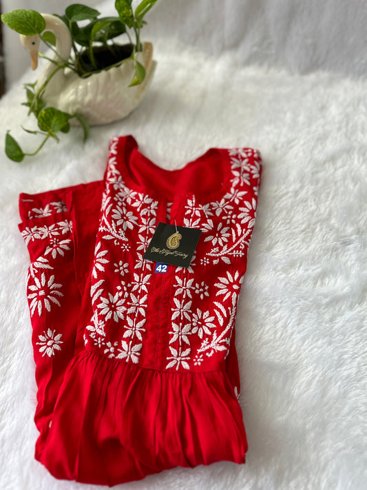 Red - Short Modal Chikankari Frock