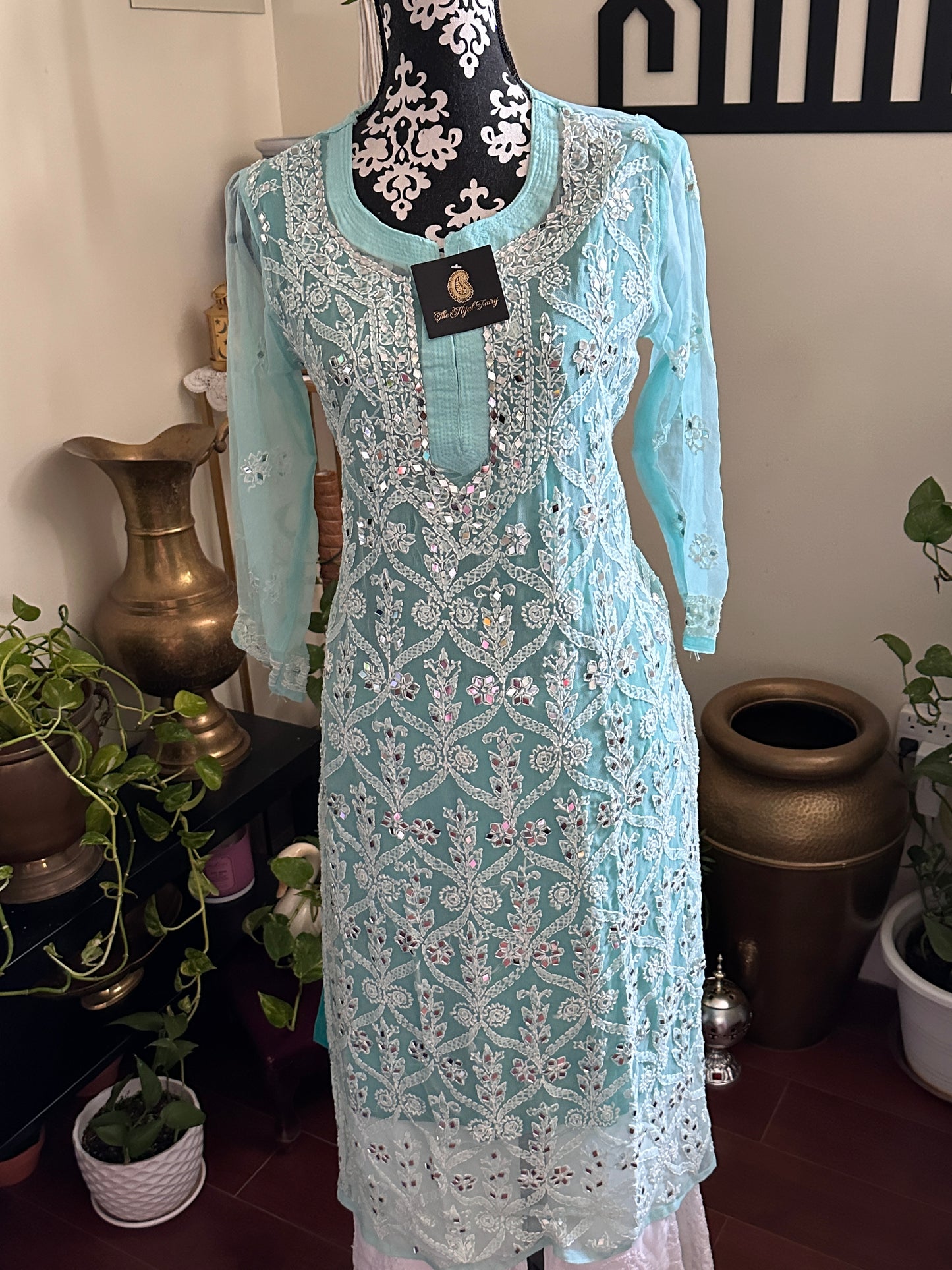 Firozi  - Georgette Mirror Kurta