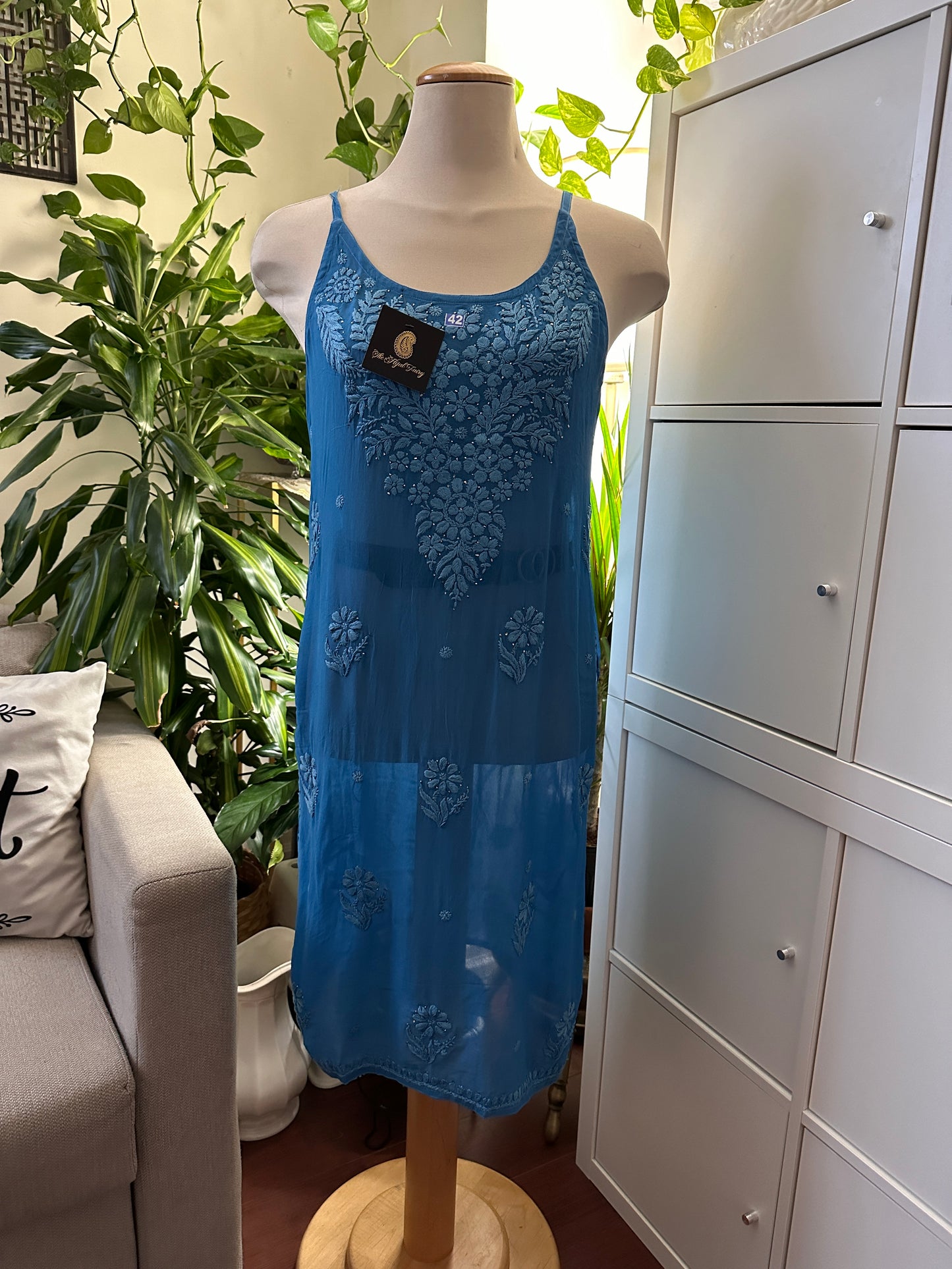 Blue - Viscose Kurti - Noodle Strap with Mukaish