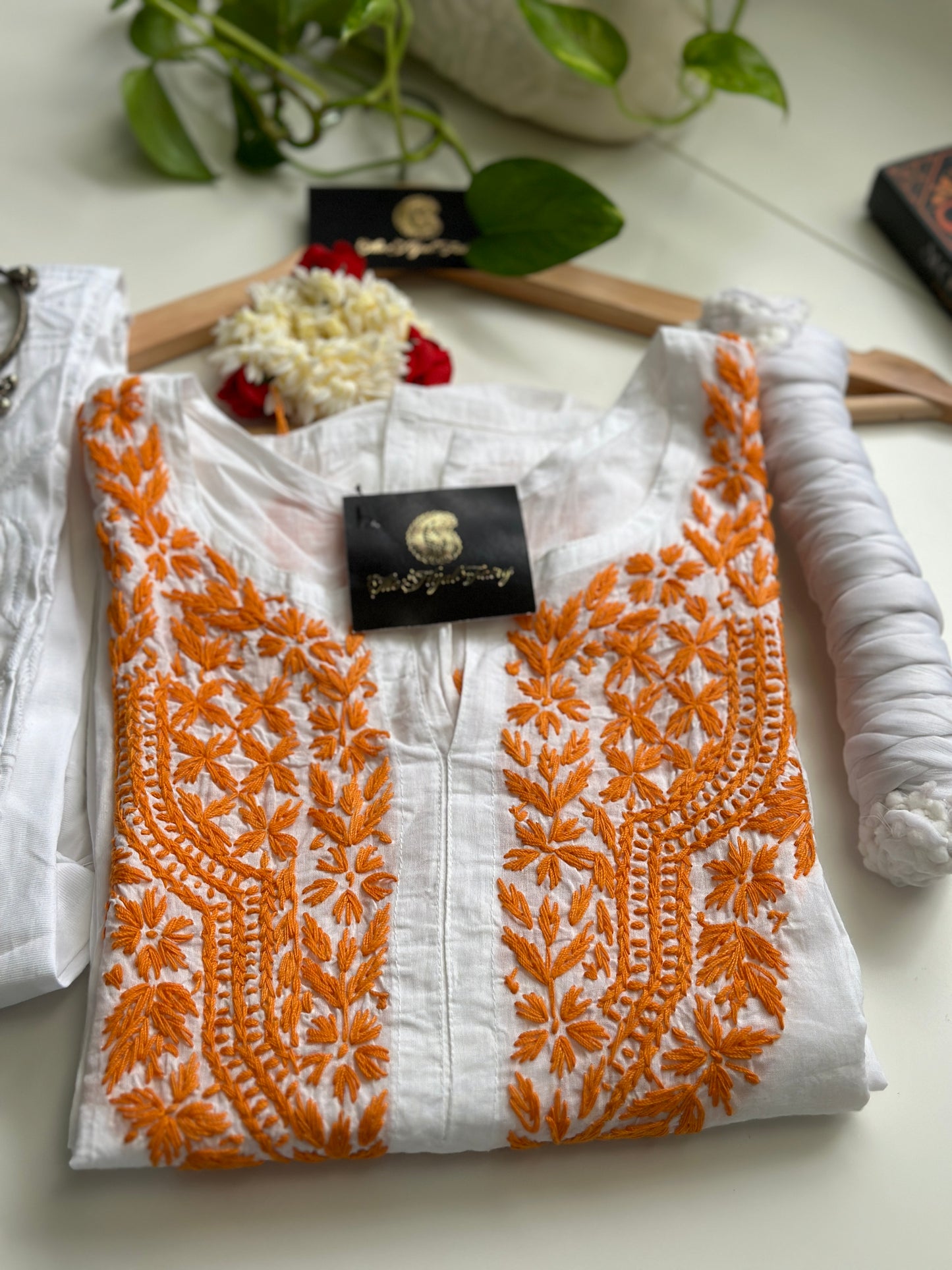 Orange on White - Cotton Kurta