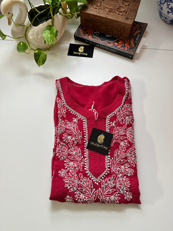 Georgette Stone Kurta- Raspberry Pink