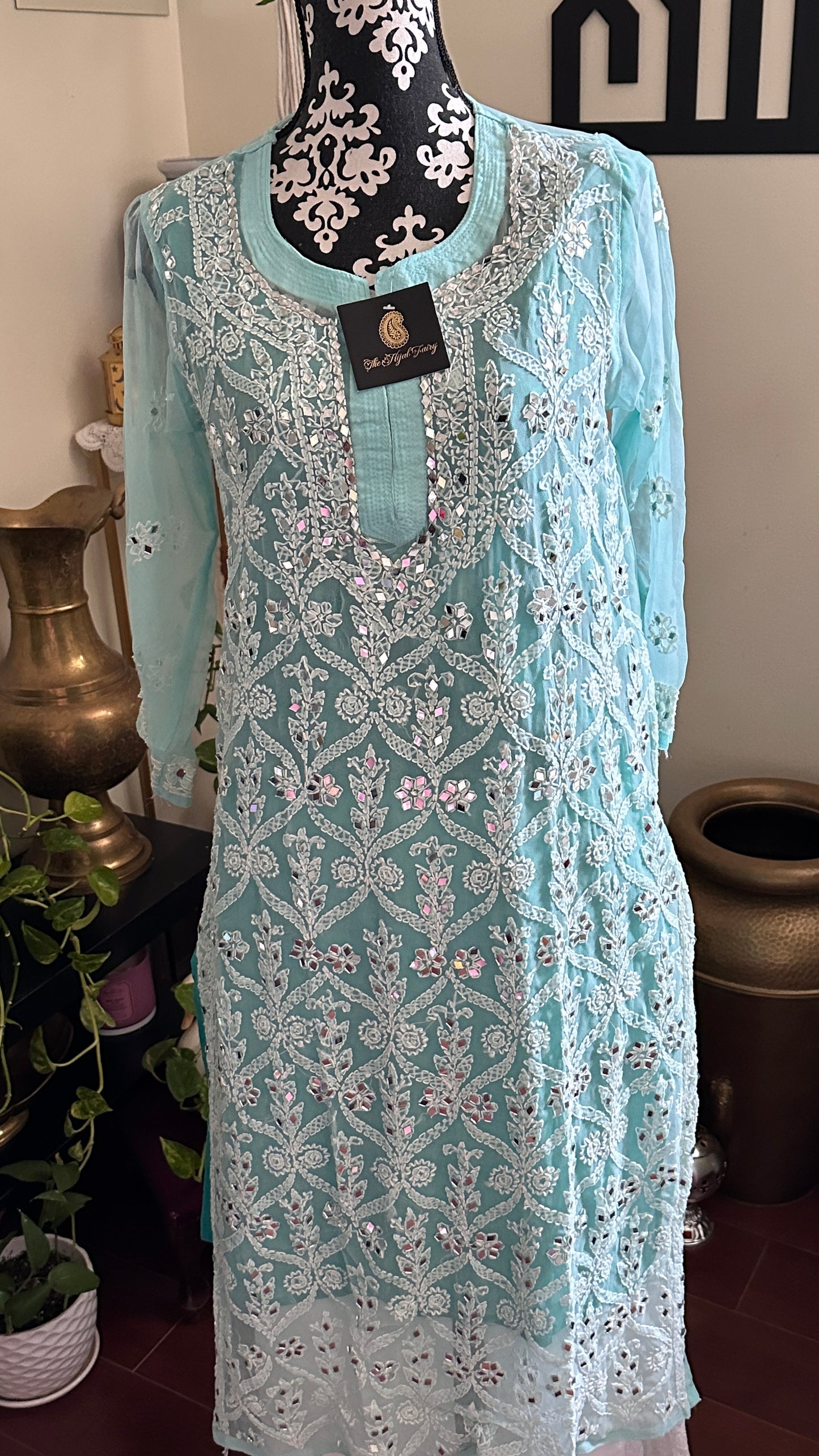 Firozi  - Georgette Mirror Kurta