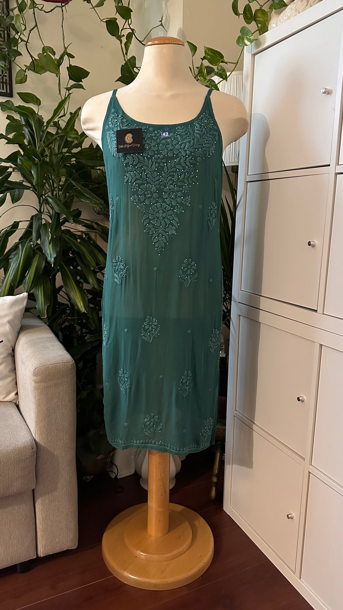 Green - Viscose Kurti - Noodle Strap with Mukaish