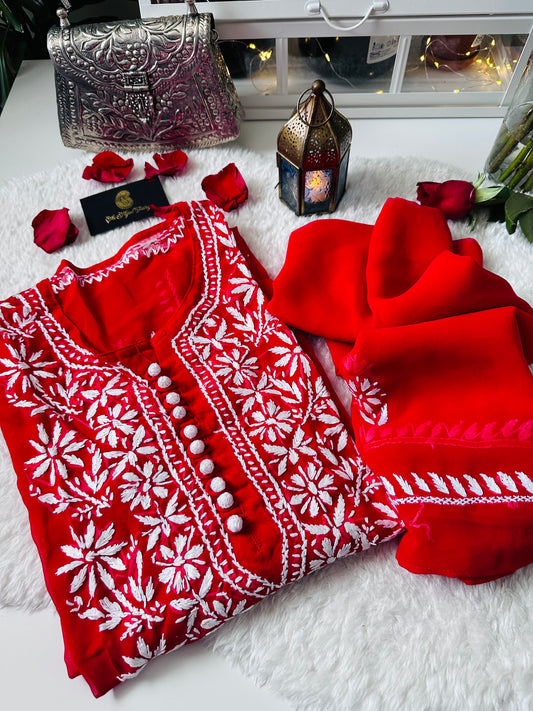 Red - Chikankari Georgette Kurta with Dupatta