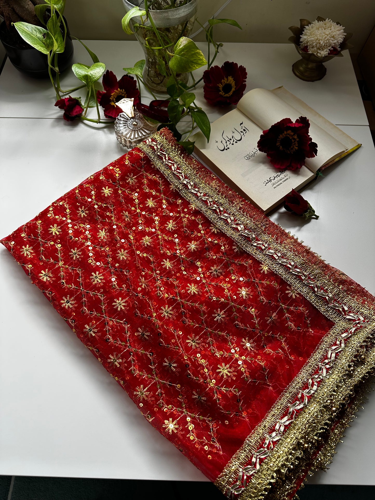 Red and Gold Bridal Ghoonghat Dupatta