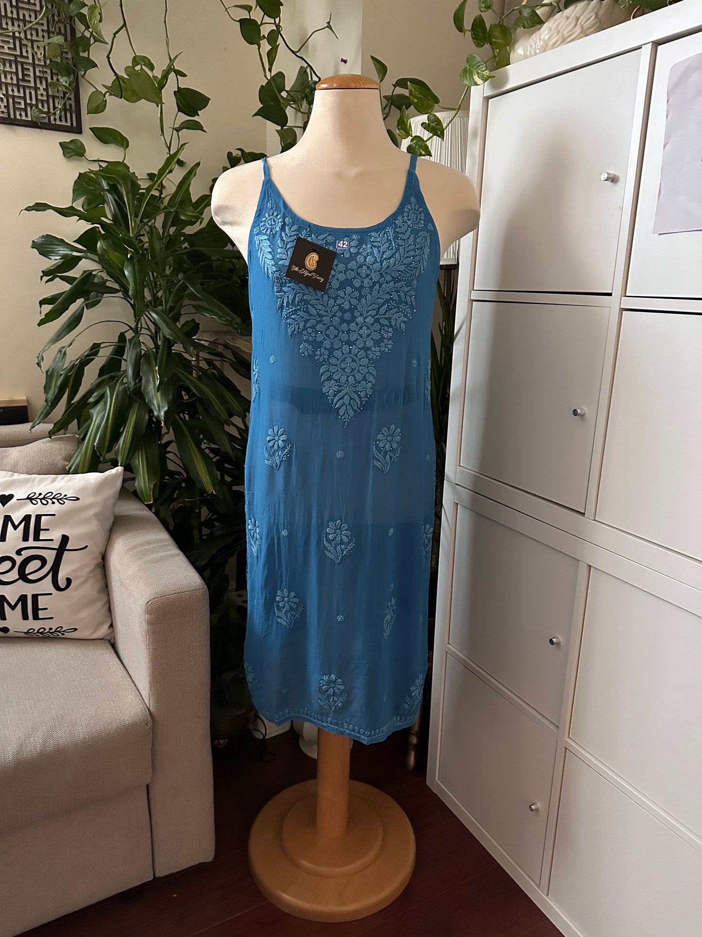 Blue - Viscose Kurti - Noodle Strap with Mukaish