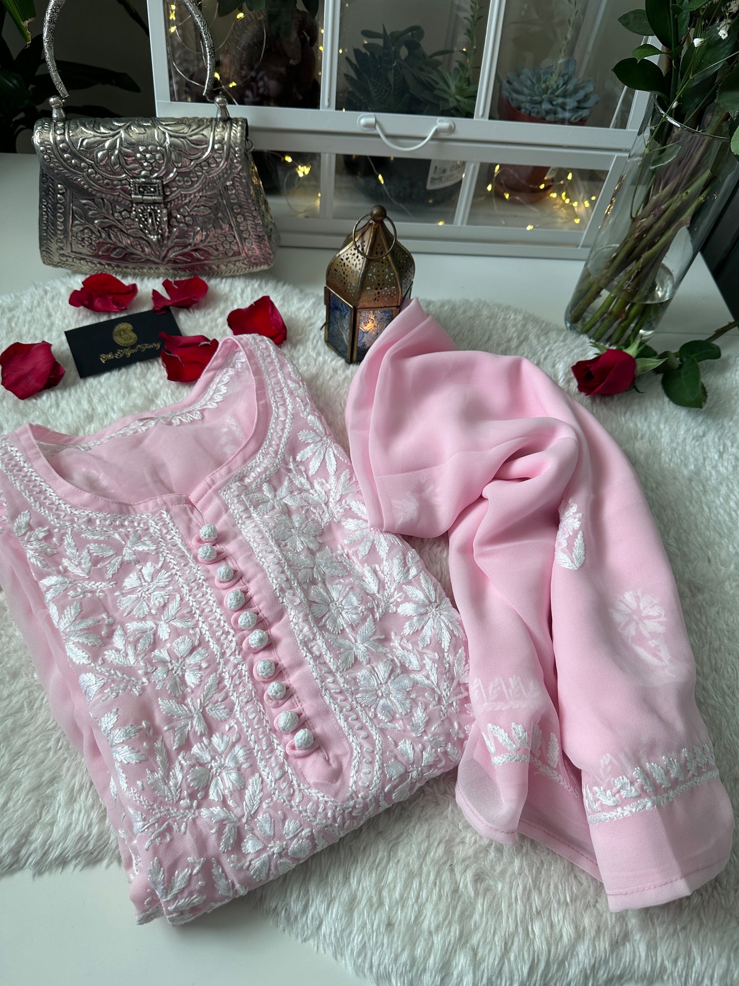 Pink - Chikankari Georgette Kurta with Dupatta