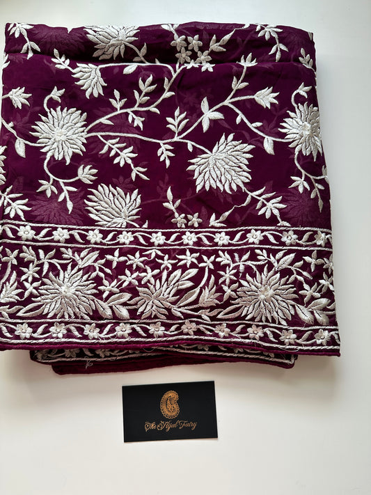 Parsi Gara Heavy Border Dupatta - Wine