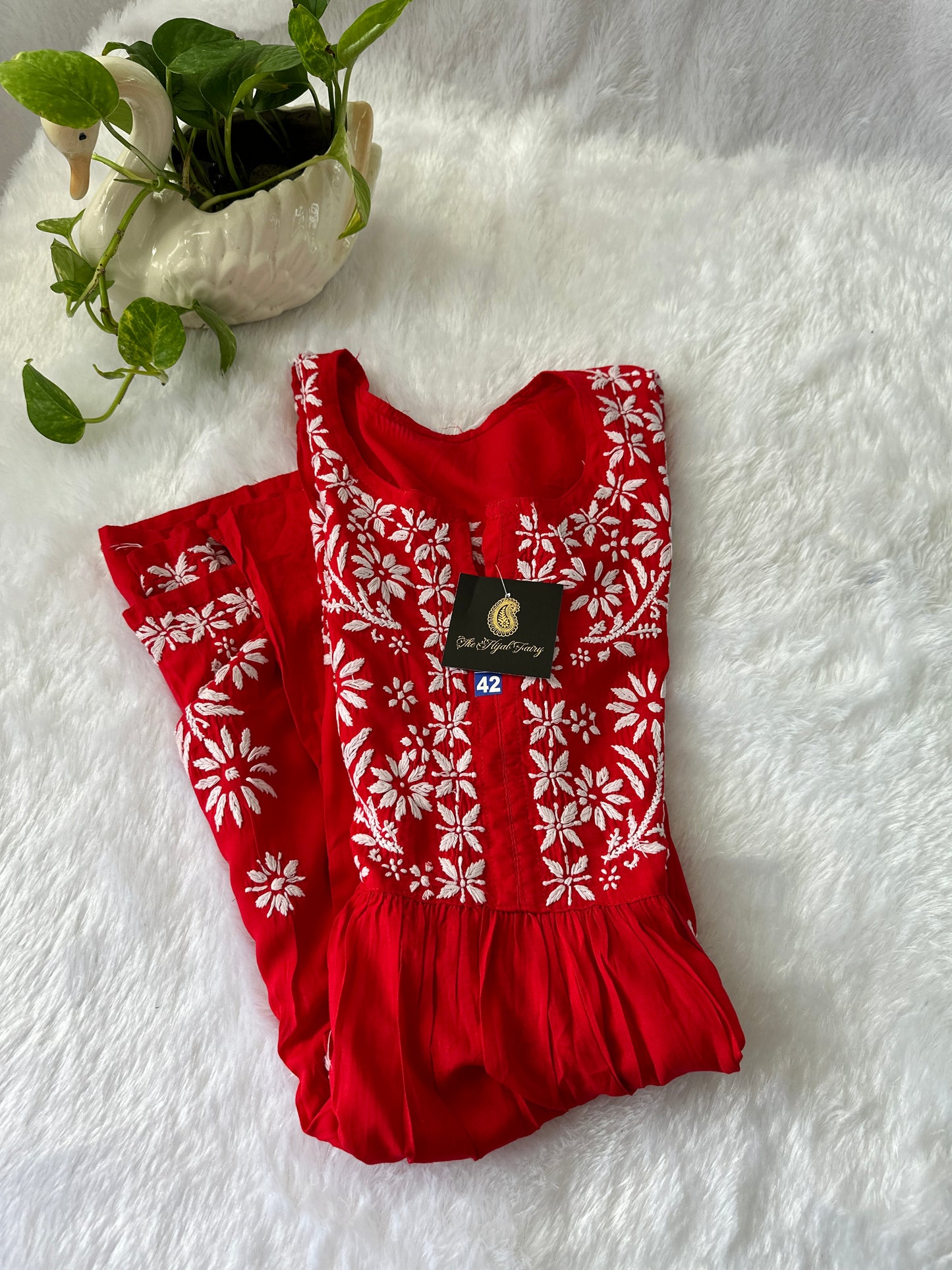 Red - Short Modal Chikankari Frock