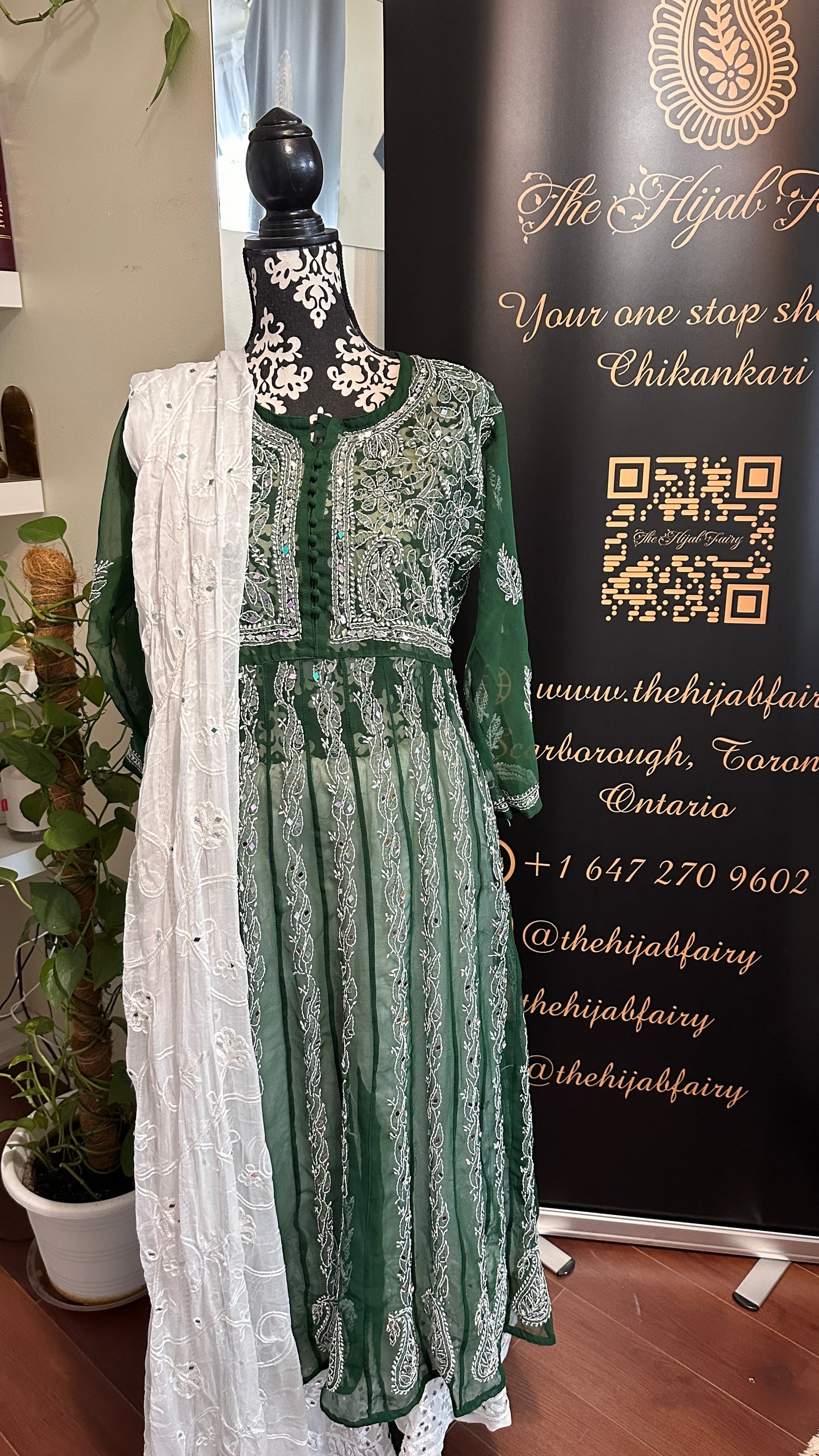 Dark Green - Yoke Style Georgette Mirror Anarkali