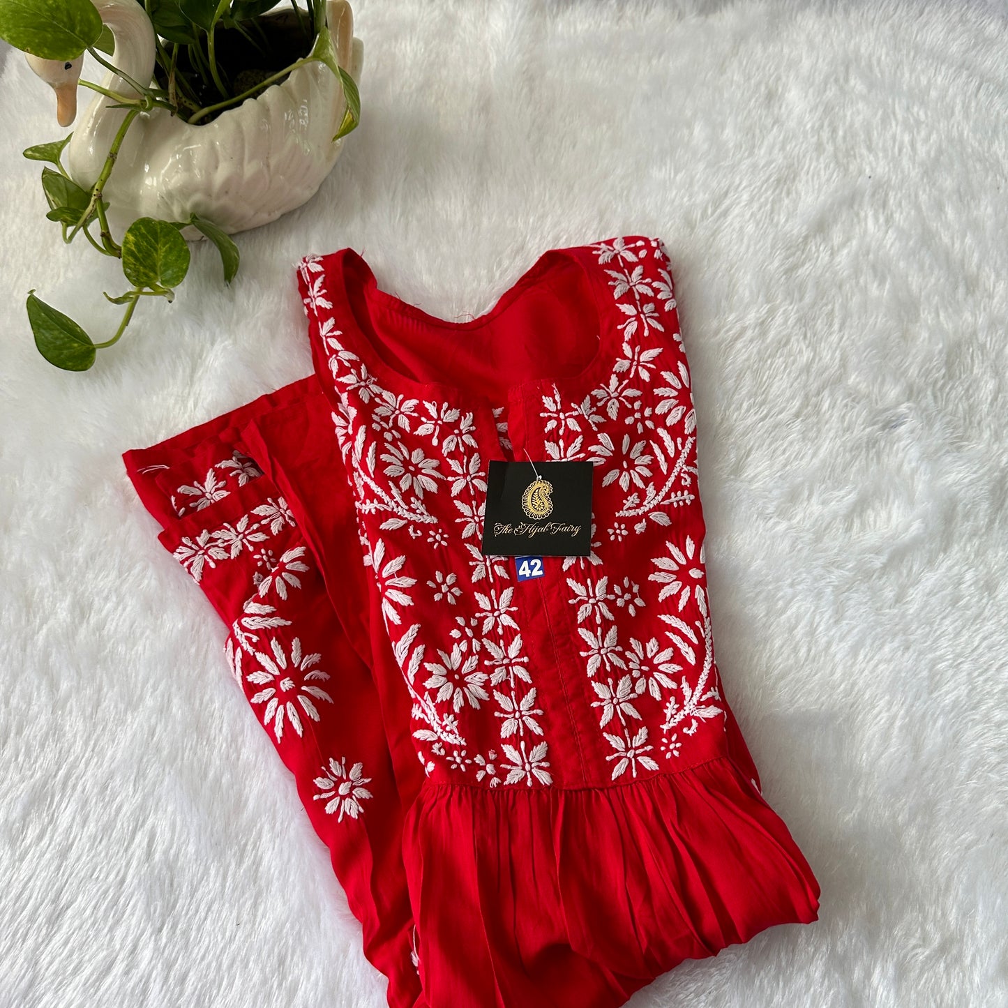 Red - Short Modal Chikankari Frock