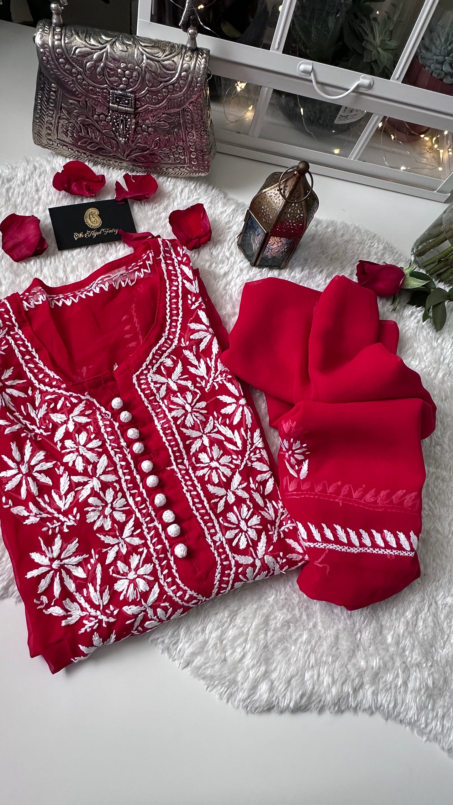 Red - Chikankari Georgette Kurta with Dupatta