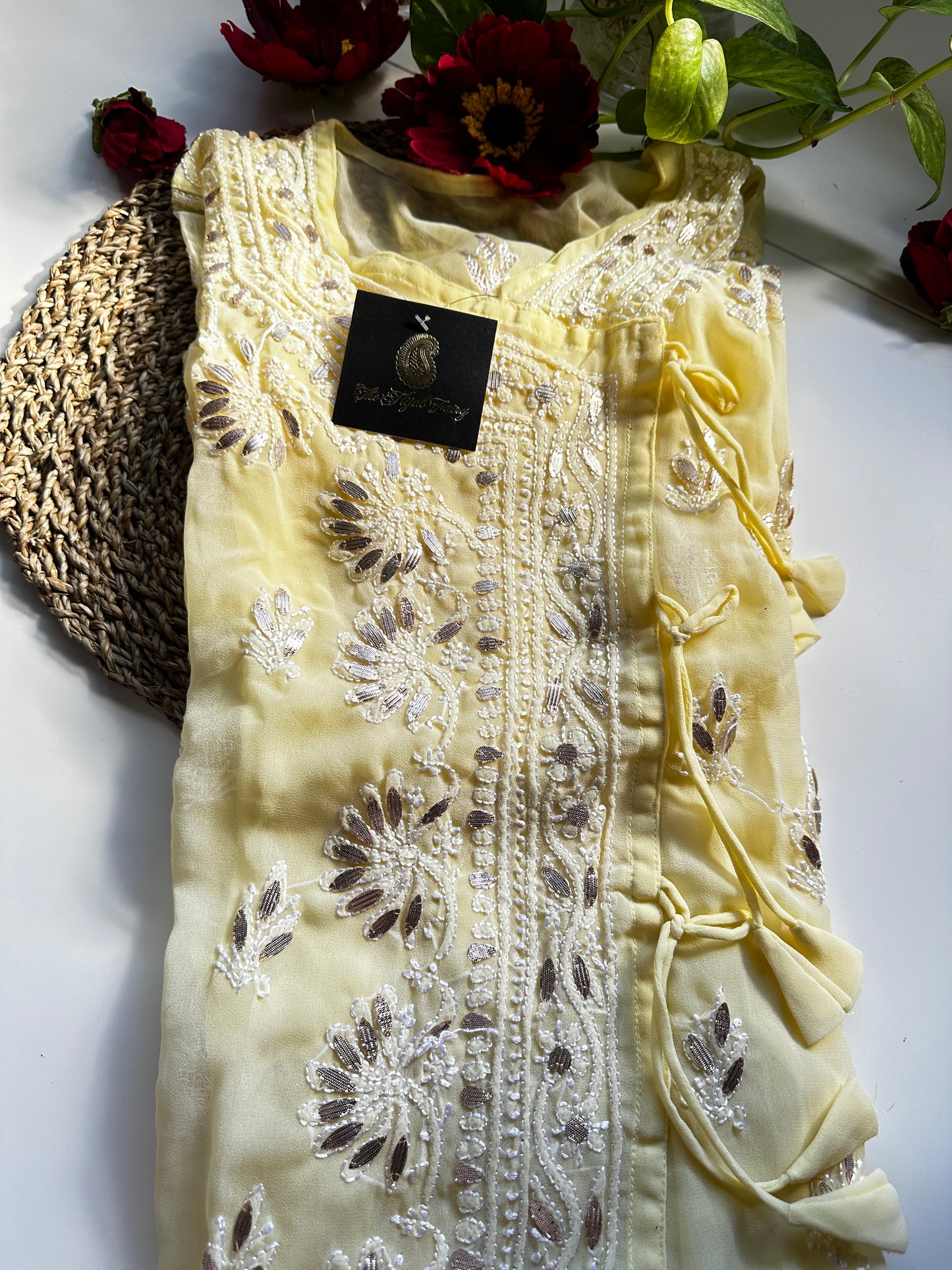 Georgette Gota Work Kurti Angrakha- Yellow