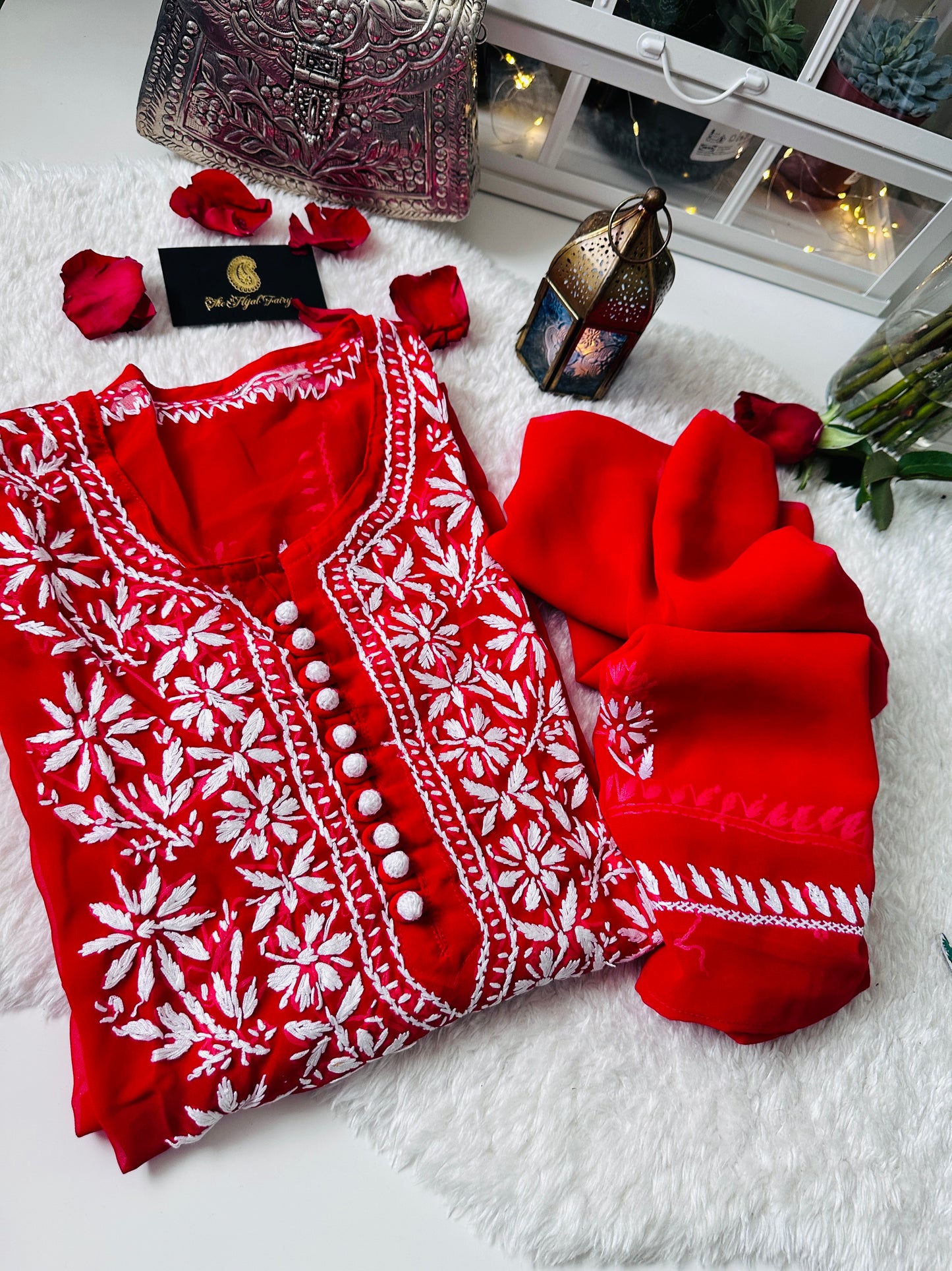 Red - Chikankari Georgette Kurta with Dupatta