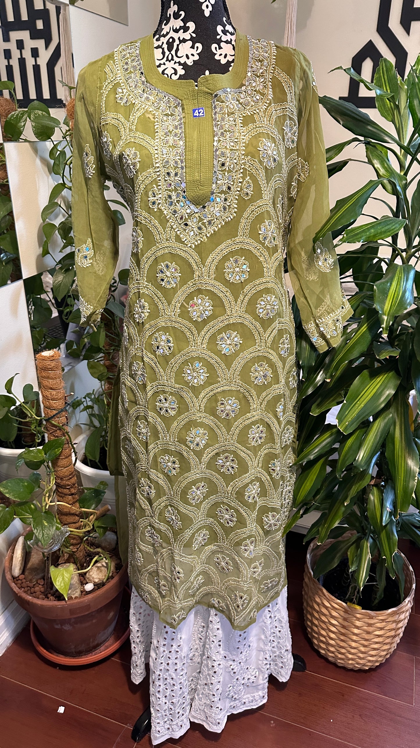 Olive Green - Georgette Mirror Kurta