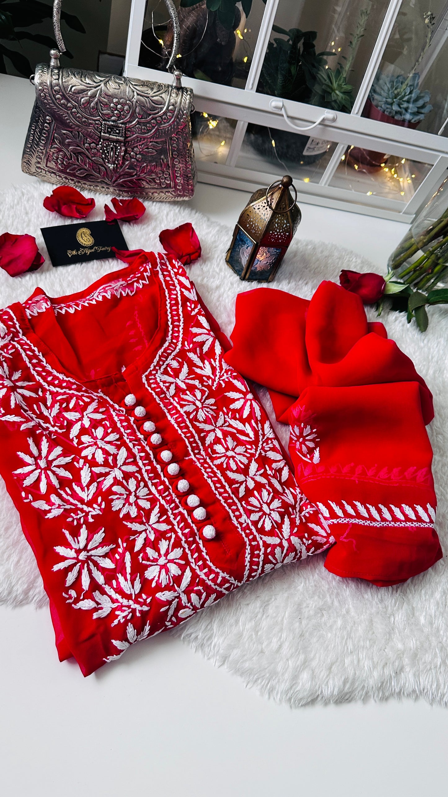 Red - Chikankari Georgette Kurta with Dupatta