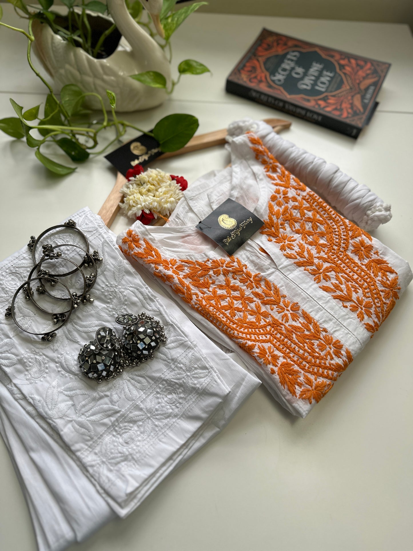 Orange on White - Cotton Kurta