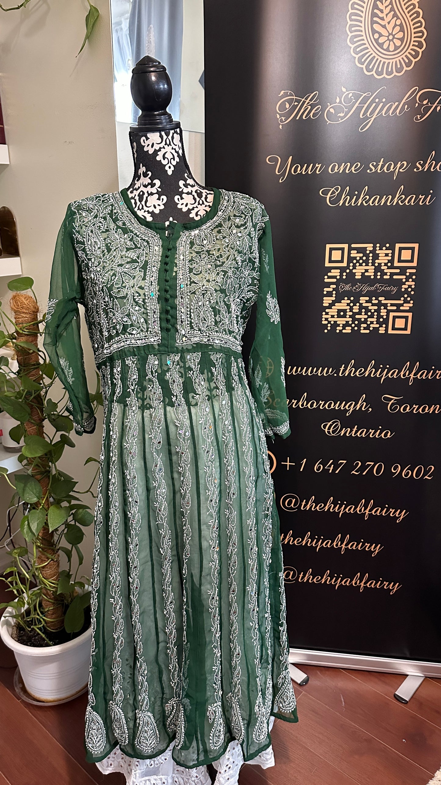 Dark Green - Yoke Style Georgette Mirror Anarkali