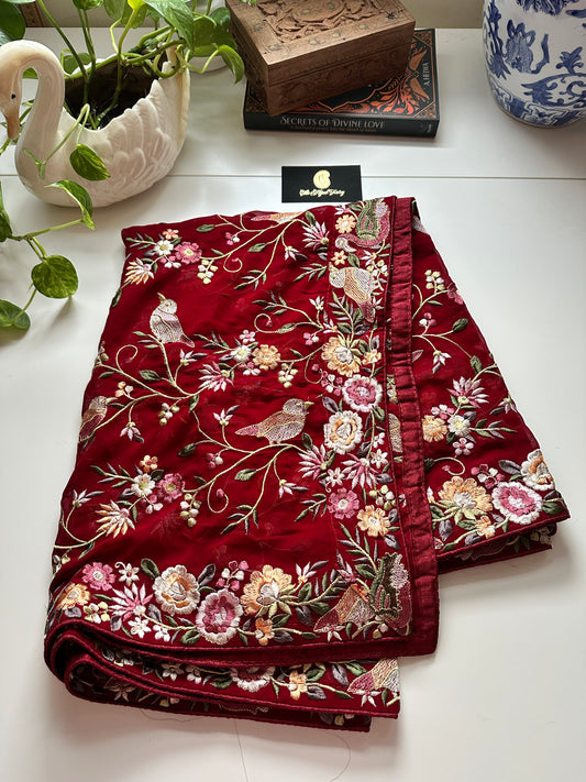 Parsi Gara Premium Dupatta - Maroon with Bird