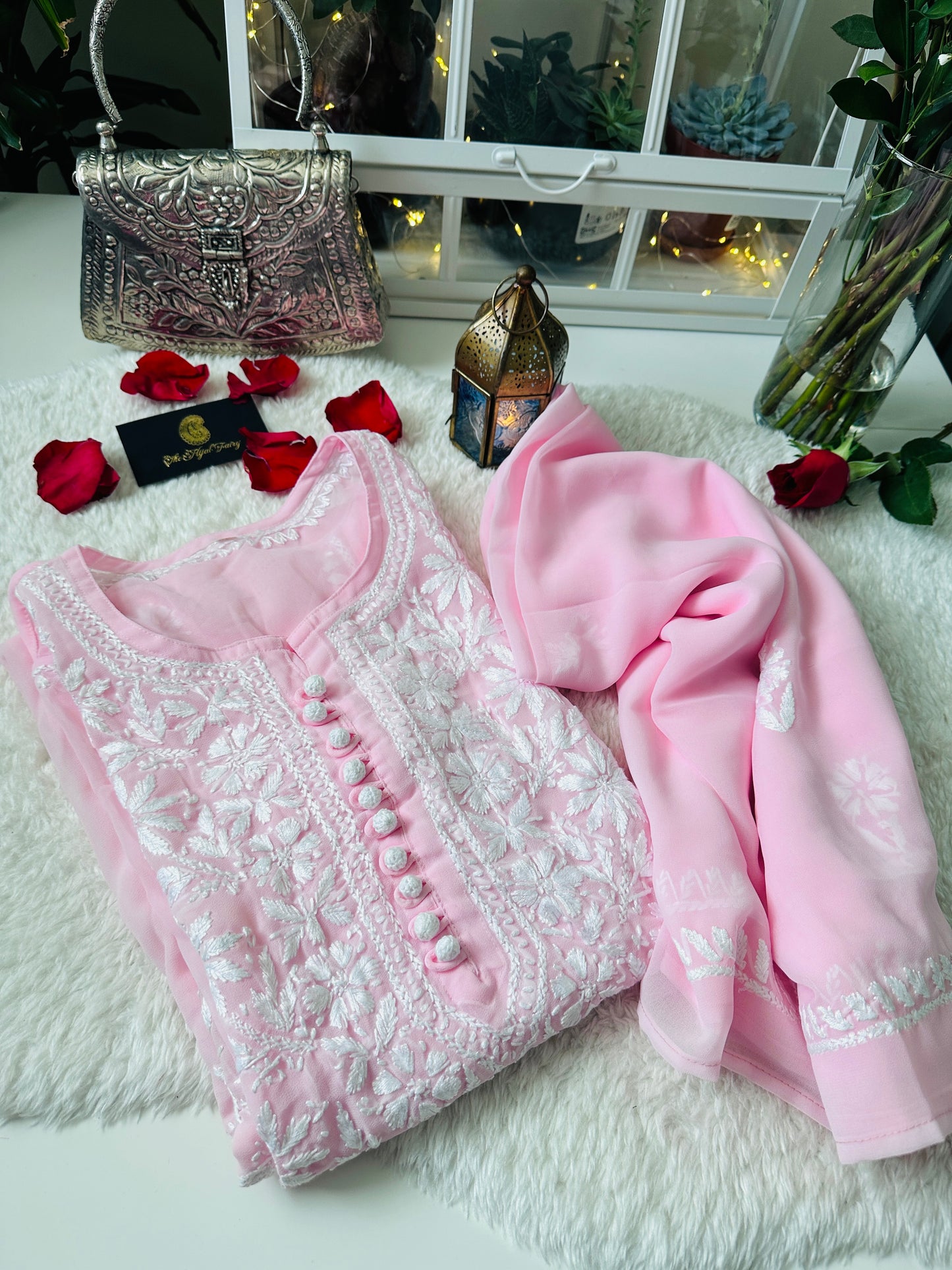 Pink - Chikankari Georgette Kurta with Dupatta