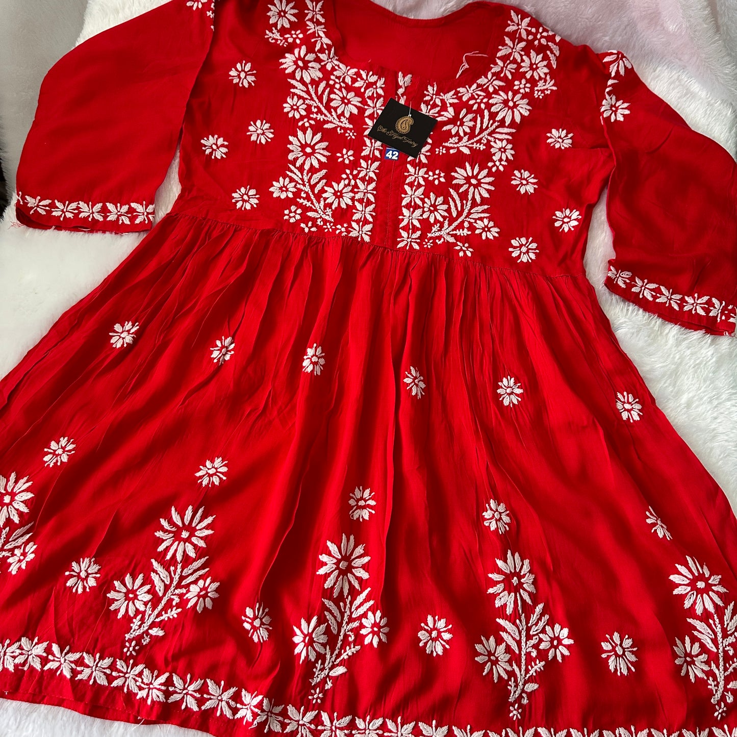 Red - Short Modal Chikankari Frock