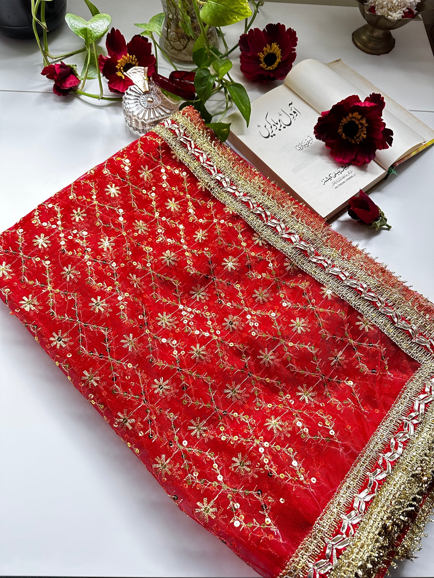 Red and Gold Bridal Ghoonghat Dupatta