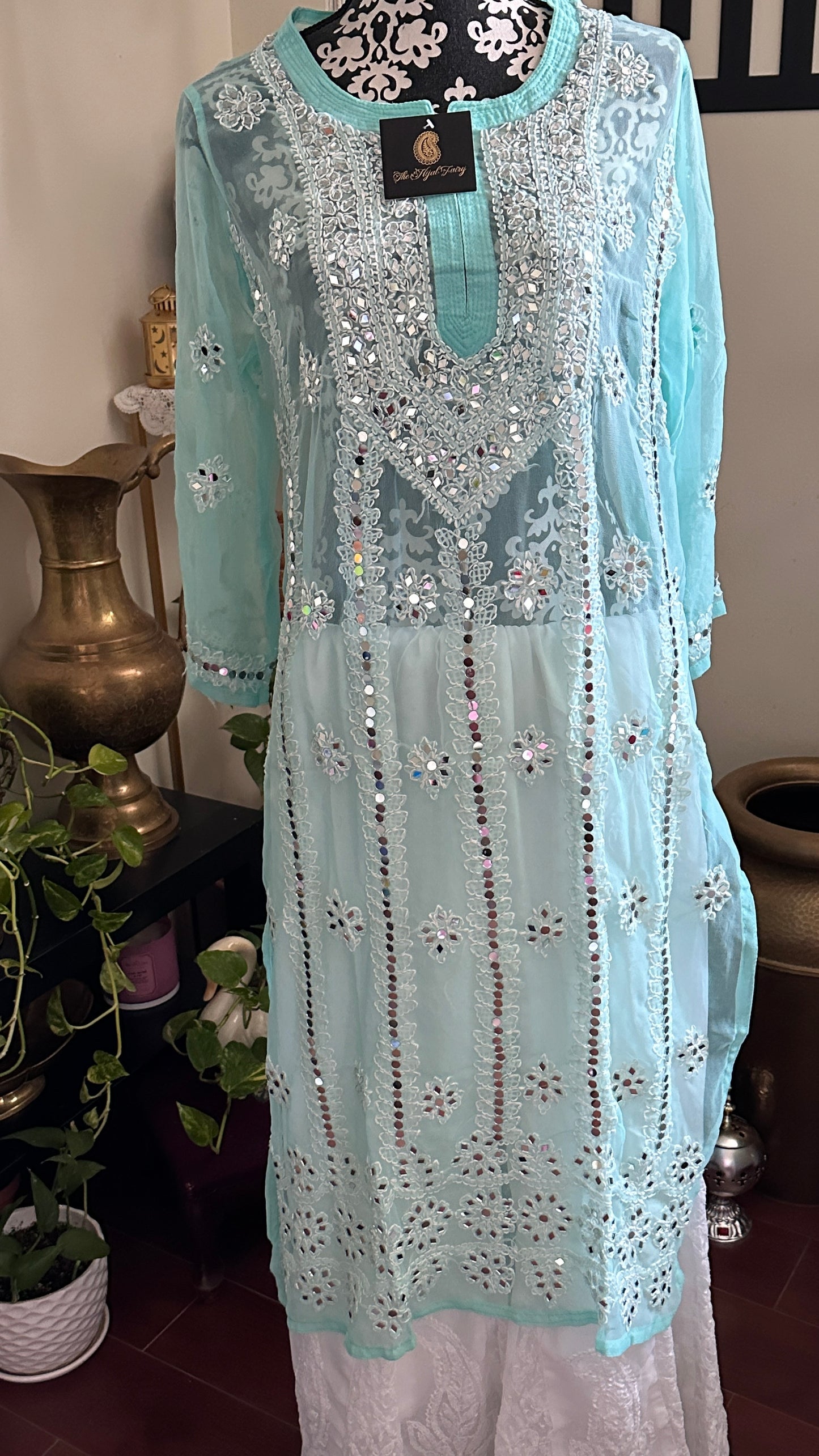 Firozi  - Georgette Mirror Kurta