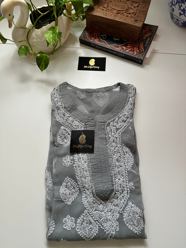 Georgette Stone Kurta- Light Grey