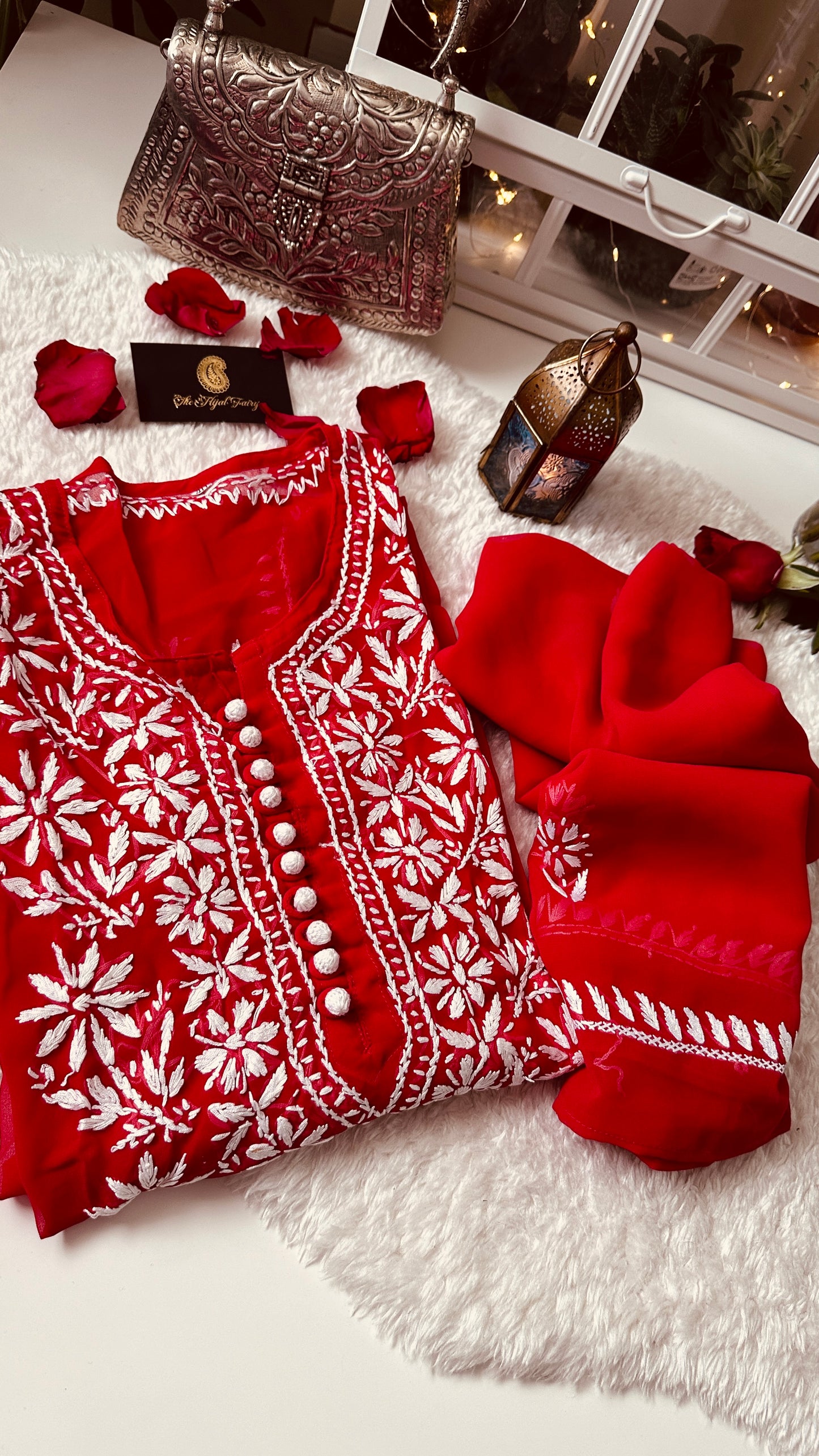 Red - Chikankari Georgette Kurta with Dupatta