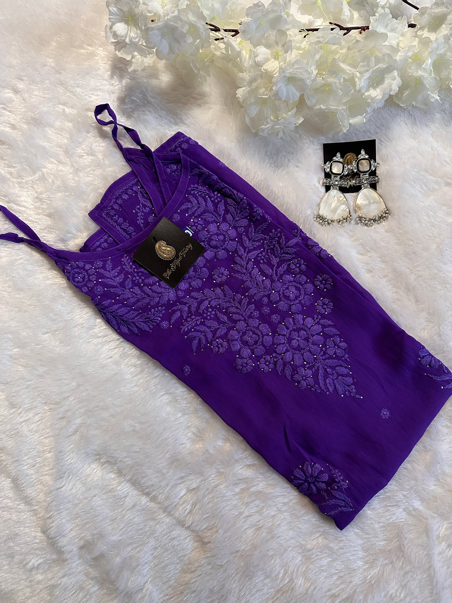 Purple - Viscose Kurti - Noodle Strap with Mukaish