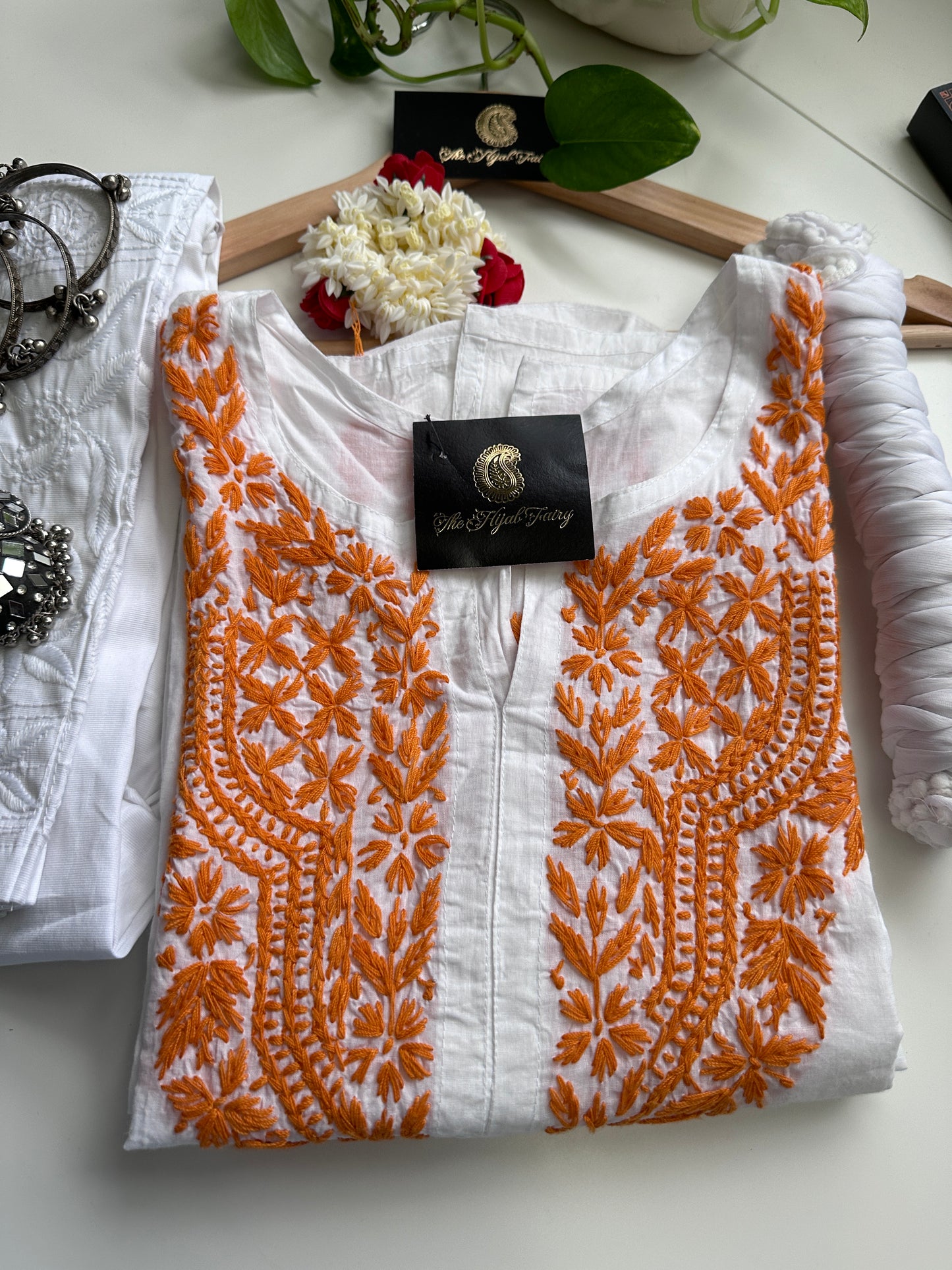 Orange on White - Cotton Kurta