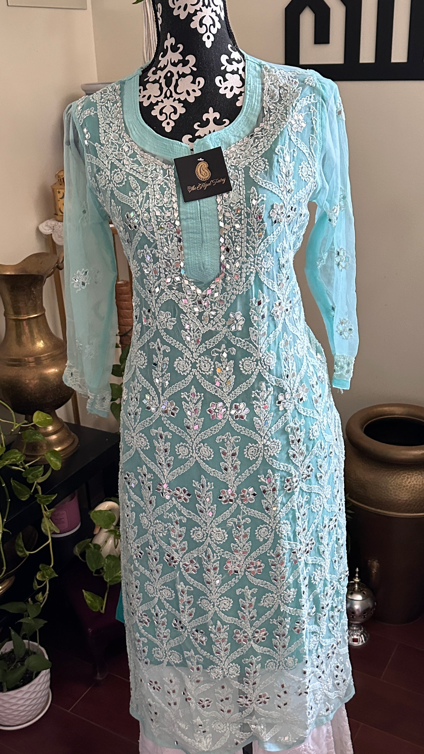 Firozi  - Georgette Mirror Kurta