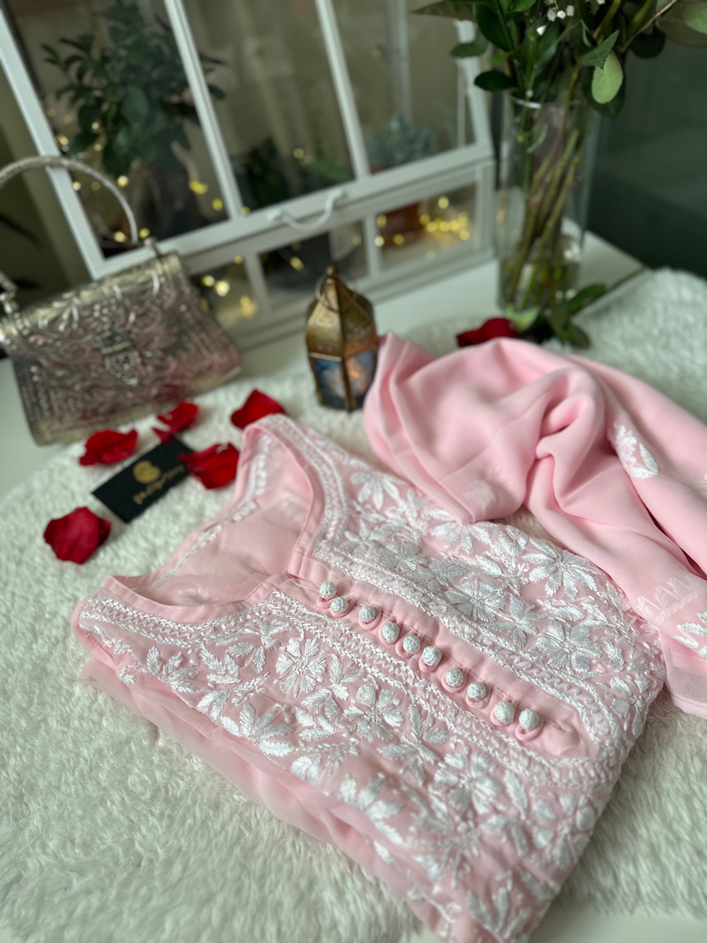 Pink - Chikankari Georgette Kurta with Dupatta