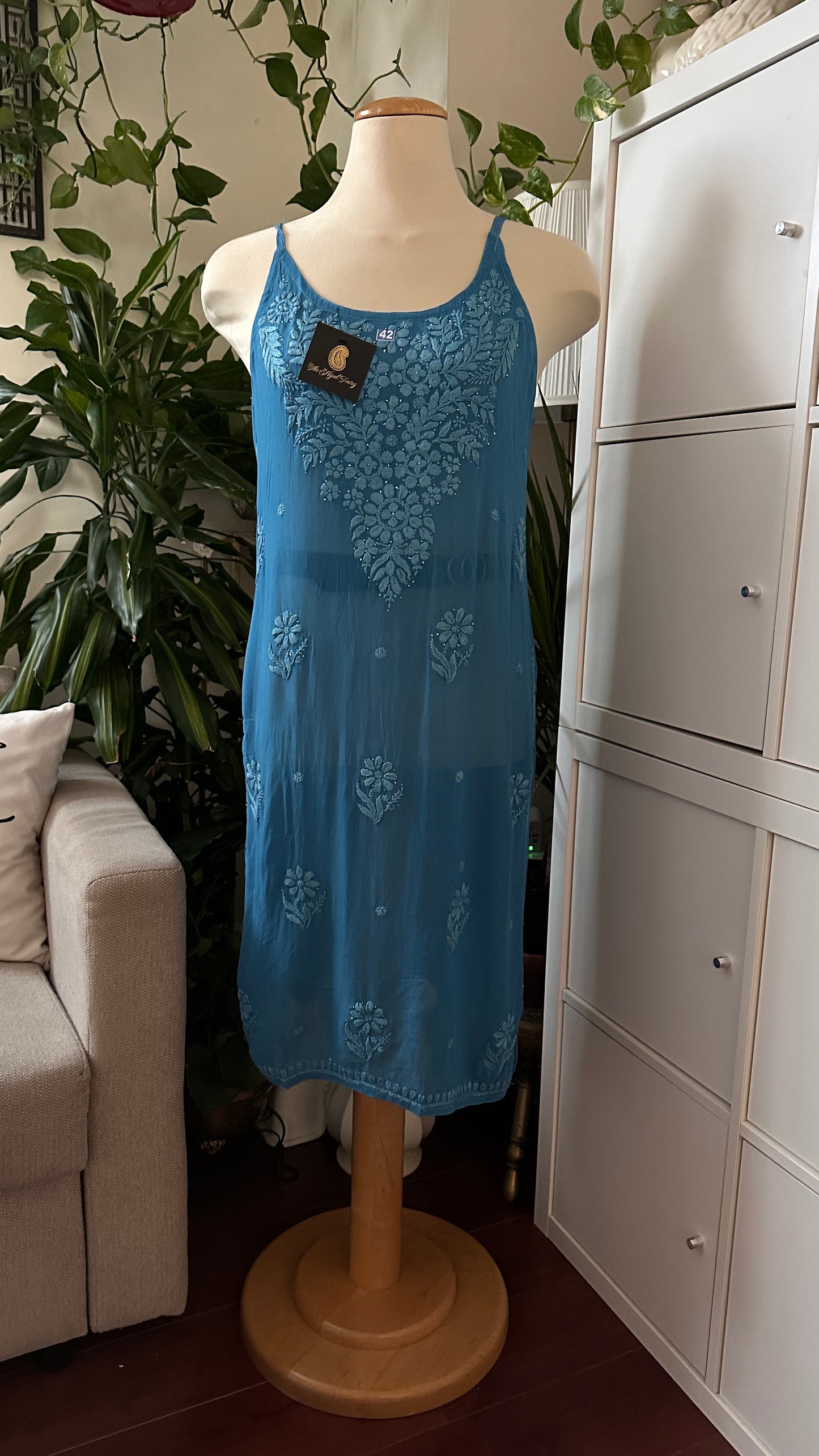 Blue - Viscose Kurti - Noodle Strap with Mukaish