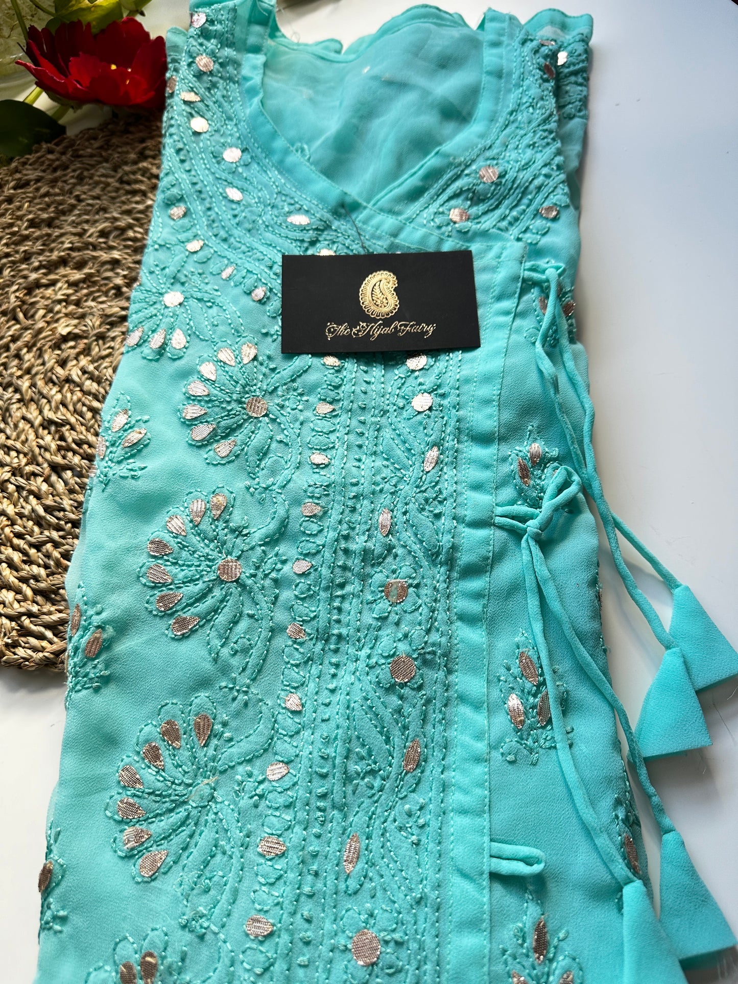 Georgette Gota Work Kurti Angrakha- Firozi