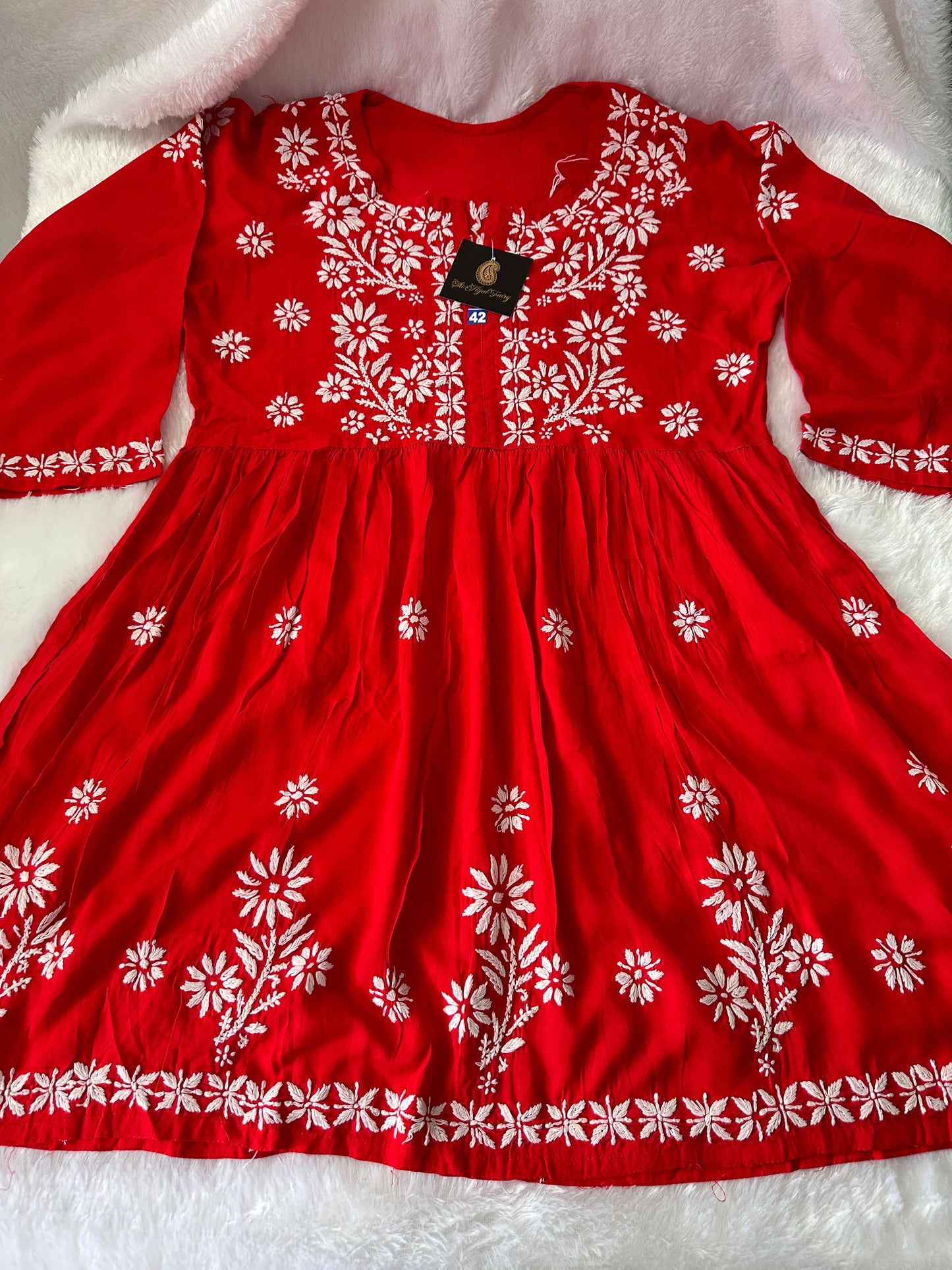 Red - Short Modal Chikankari Frock